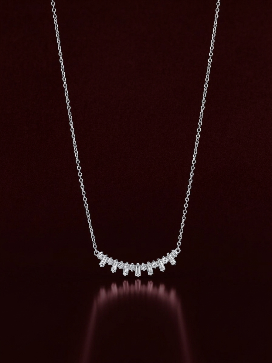 elegant silver-tone baguette crystal curve bar chain pendant