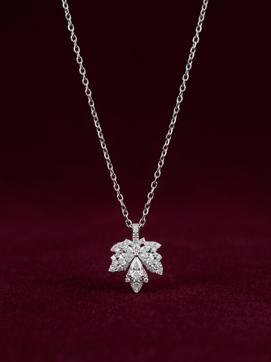 elegant silver-tone leaf bloom crystal chain pendant