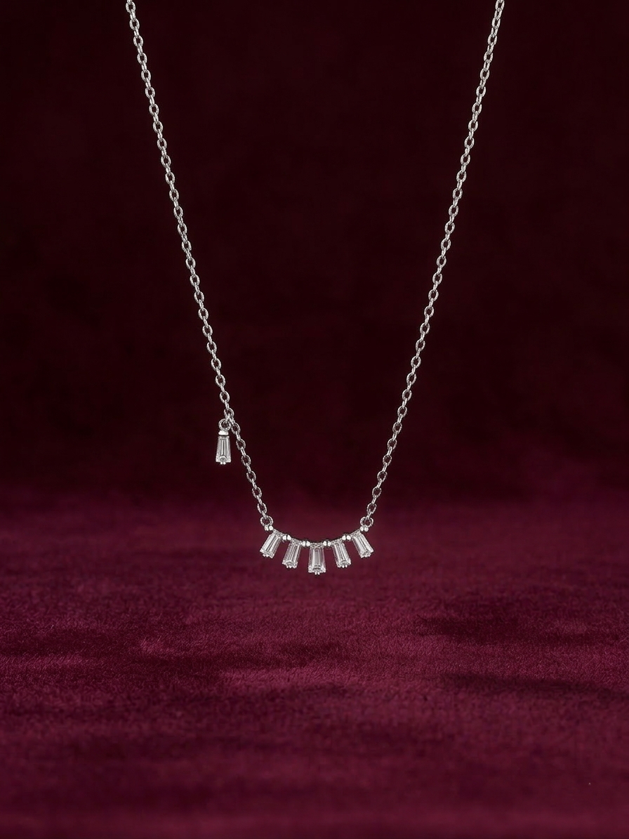 elegant silver-tone baguette crystal bar drop chain pendant