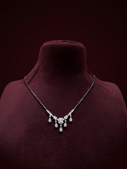 Elegant Silver-Tone Baguette & Teardrop Crystal Mangalsutra with Black Beaded Chain
