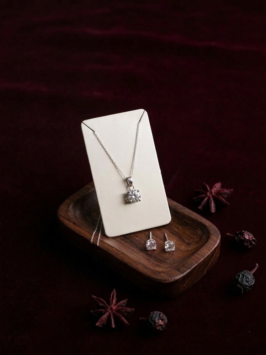 elegant silver-tone solitaire crystal pendant necklace with matching stud earrings set