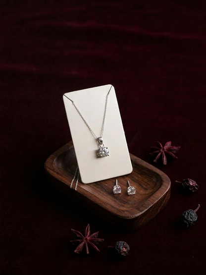 Elegant Silver-Tone Solitaire Crystal Pendant Necklace with Matching Stud Earrings Set
