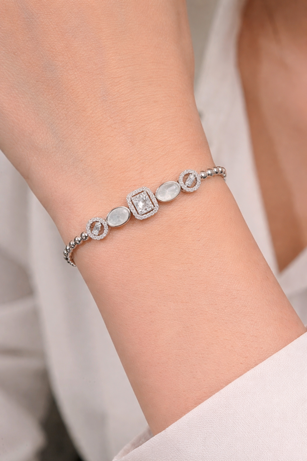 elegant mother of pearl & baguette charm bracelet in pure 92.5 sterling silver – adjustable fit