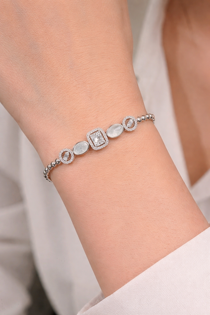 Elegant Mother of Pearl & Baguette Charm Bracelet in Pure 92.5 Sterling Silver – Adjustable Fit