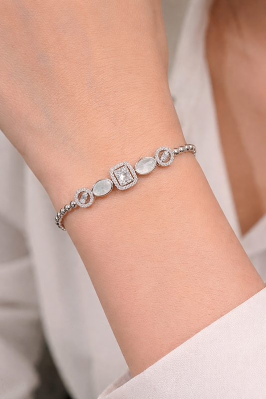 Elegant Mother of Pearl & Baguette Charm Bracelet in Pure 92.5 Sterling Silver – Adjustable Fit