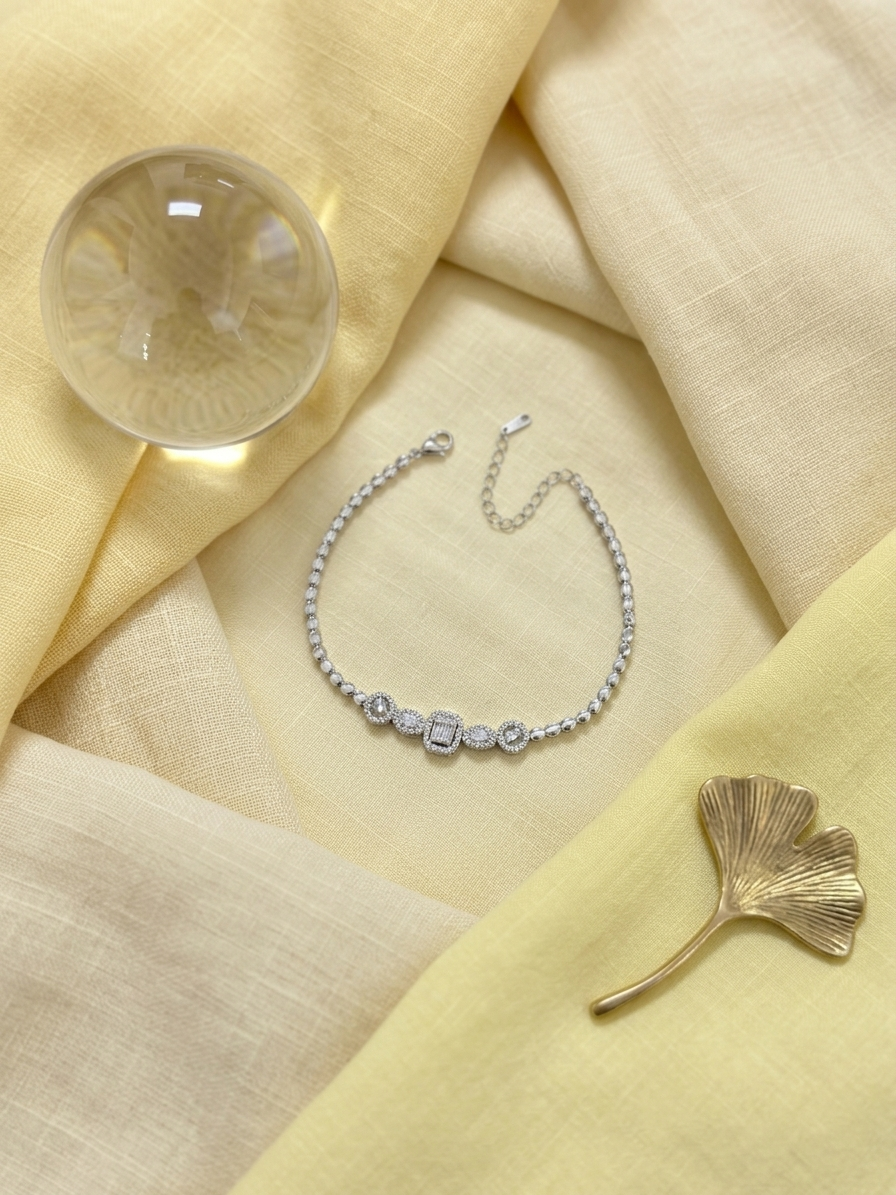 elegant mother of pearl & baguette charm bracelet in pure 92.5 sterling silver – adjustable fit