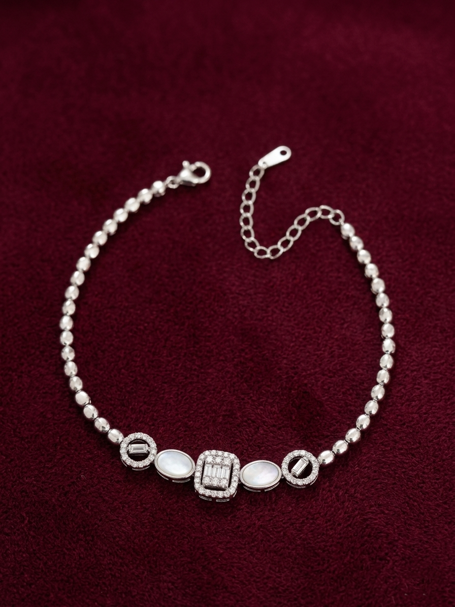 elegant mother of pearl & baguette charm bracelet in pure 92.5 sterling silver – adjustable fit