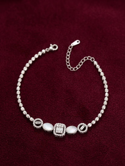 Elegant Mother of Pearl & Baguette Charm Bracelet in Pure 92.5 Sterling Silver – Adjustable Fit