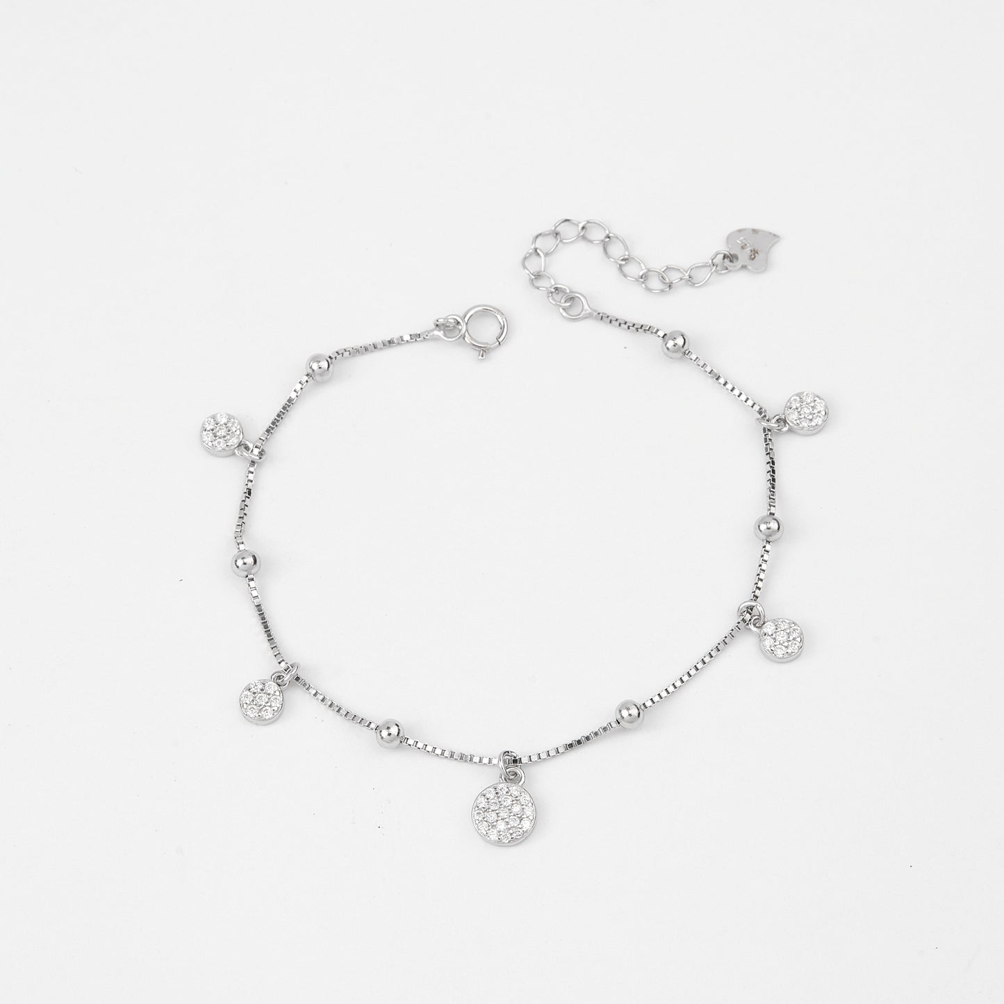elegant dangling disc charm bracelet in pure 92.5 sterling silver – adjustable fit