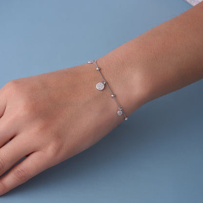 Elegant Dangling Disc Charm Bracelet in Pure 92.5 Sterling Silver – Adjustable Fit