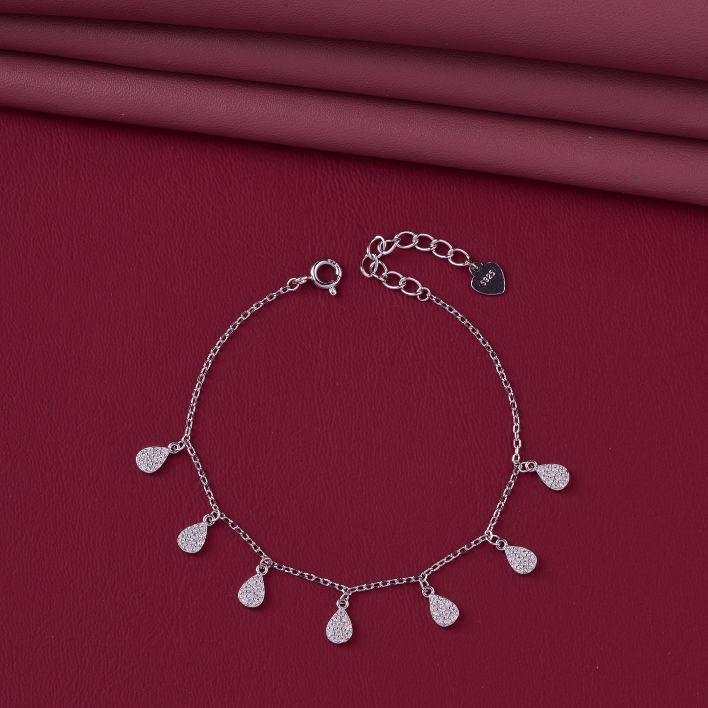 elegant teardrop dangle charm bracelet in pure 92.5 sterling silver – adjustable fit