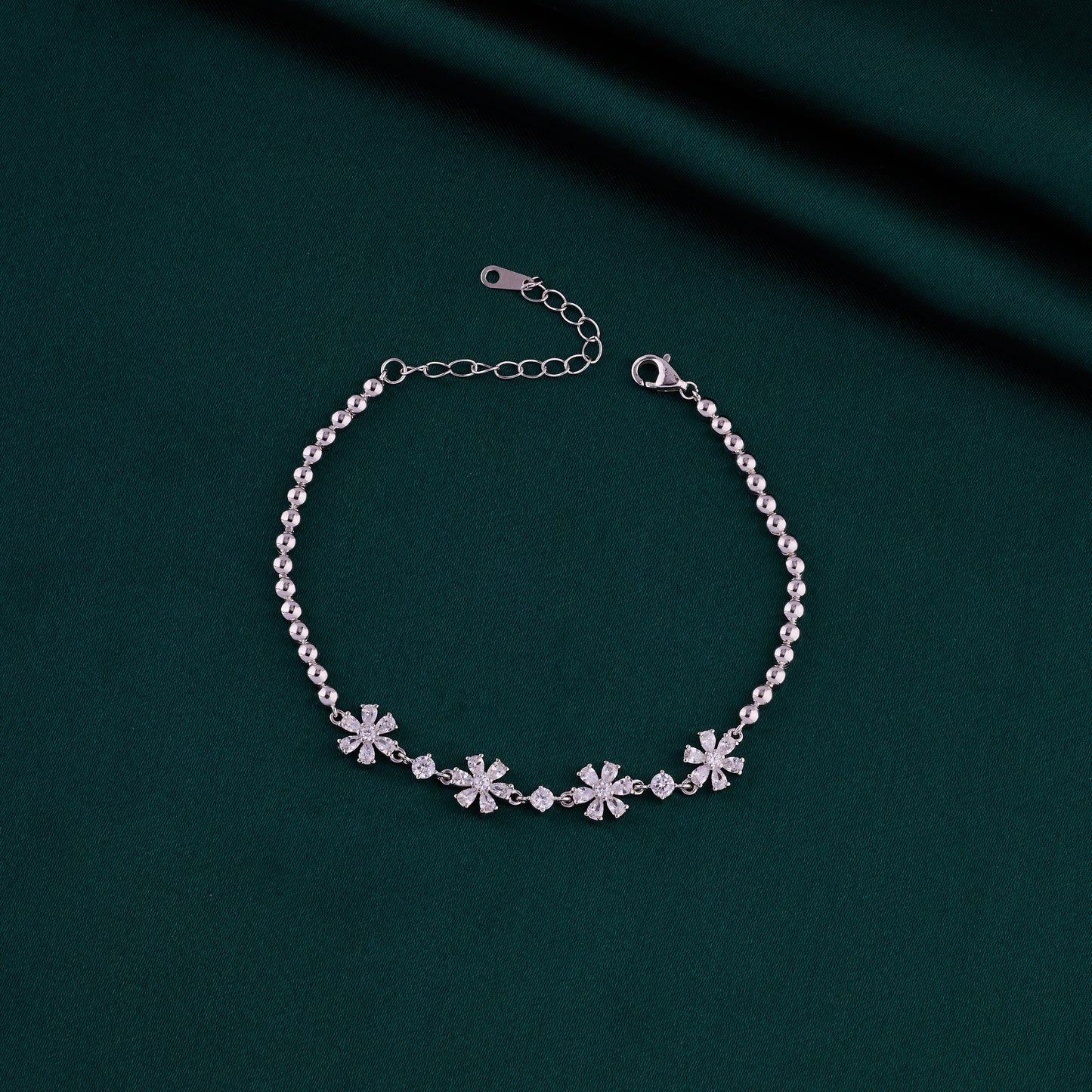 elegant floral crystal bracelet in pure 92.5 sterling silver – adjustable fit