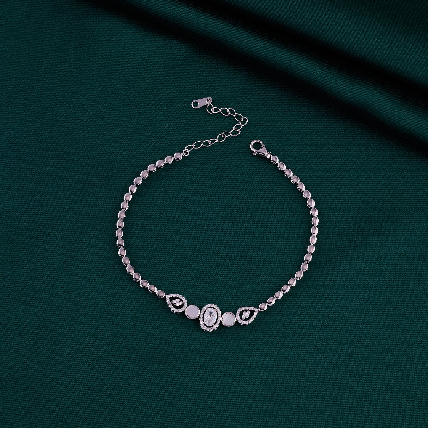 silver beaded bracelet with crystal oval accents in pure 92.5 sterling silver