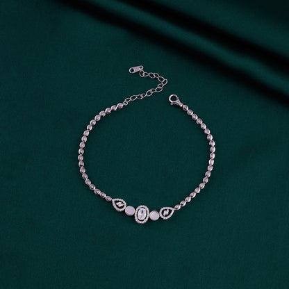 Silver Beaded Bracelet with Crystal Oval Accents in Pure 92.5 Sterling Silver