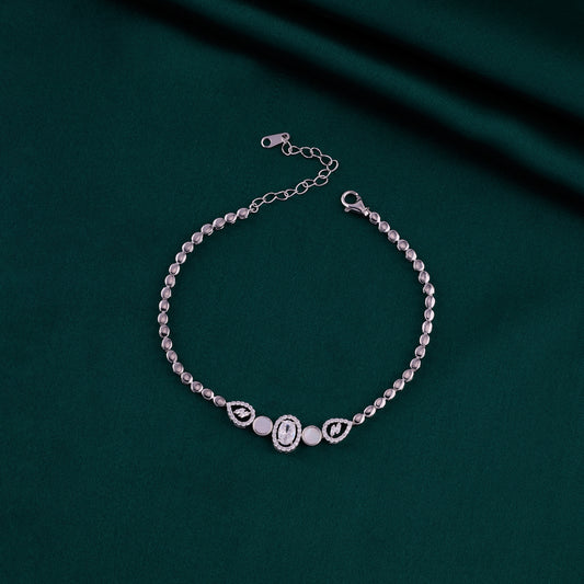 Silver Beaded Bracelet with Crystal Oval Accents in Pure 92.5 Sterling Silver