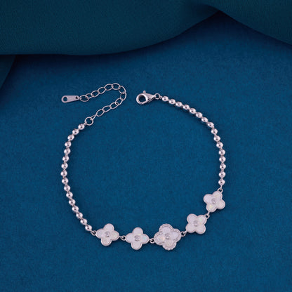 Elegant Mother of Pearl Clover Bracelet in Pure 92.5 Sterling Silver – Adjustable Fit