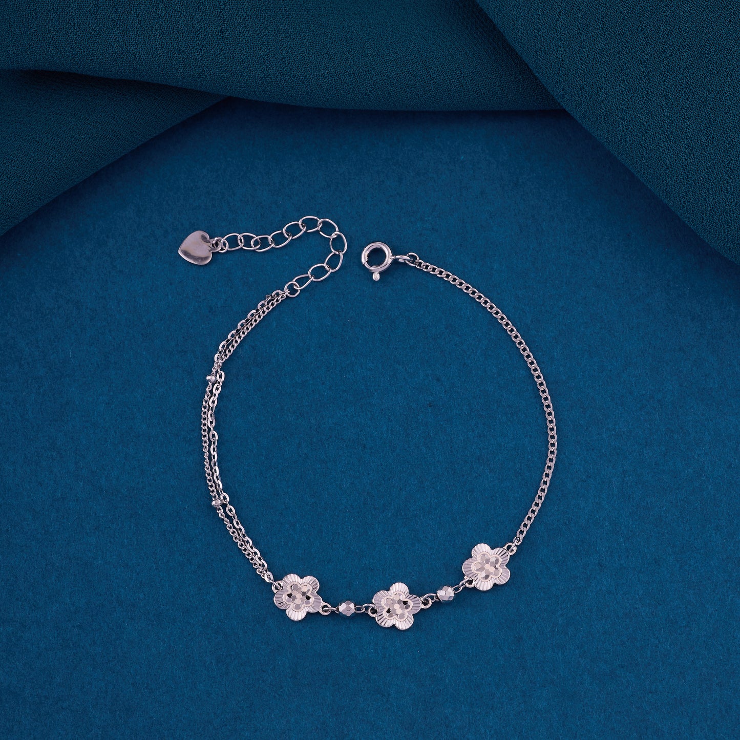 elegant triple floral motif layered bracelet in pure 92.5 sterling silver – adjustable fit
