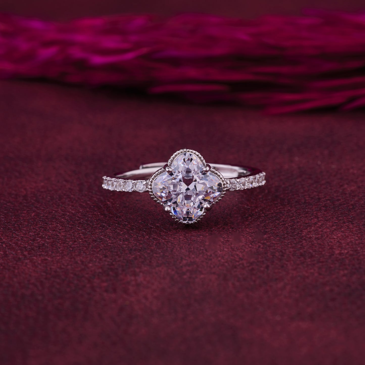 elegant clover-cut solitaire ring in pure 92.5 sterling silver with dainty pavé band – adjustable size