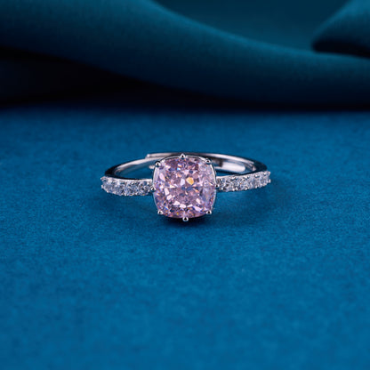 Elegant Pink Cushion-Cut Solitaire Ring in Pure 92.5 Sterling Silver with Sparkling Pavé Band – Adjustable Size