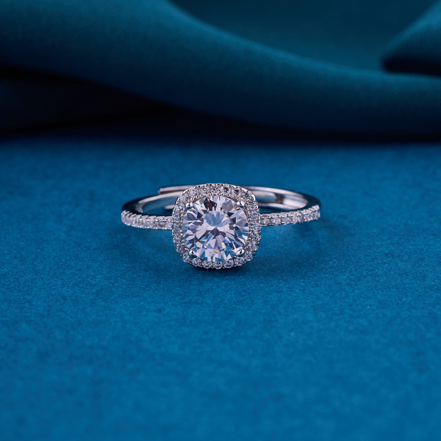 elegant round halo solitaire ring in pure 92.5 sterling silver with sparkling pavé band – adjustable size
