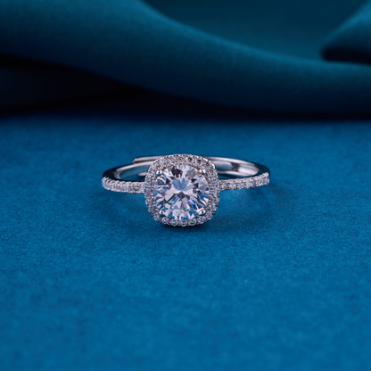 Elegant Round Halo Solitaire Ring in Pure 92.5 Sterling Silver with Sparkling Pavé Band – Adjustable Size