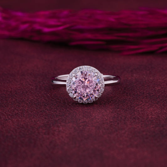 Elegant Round Halo Solitaire Ring in Pure 92.5 Sterling Silver – Adjustable Size