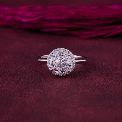 Elegant Round Halo Solitaire Ring in Pure 92.5 Sterling Silver – Adjustable Size