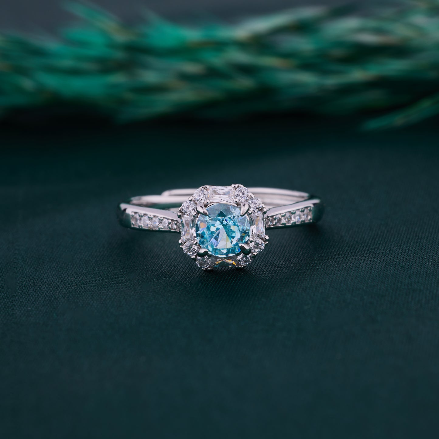 elegant floral halo solitaire ring in pure 92.5 sterling silver with sparkling pavé band – adjustable size