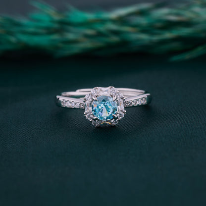 Elegant Floral Halo Solitaire Ring in Pure 92.5 Sterling Silver with Sparkling Pavé Band – Adjustable Size