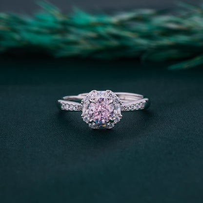 Elegant Floral Halo Solitaire Ring in Pure 92.5 Sterling Silver with Sparkling Pavé Band – Adjustable Size