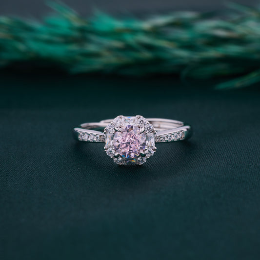 Elegant Floral Halo Solitaire Ring in Pure 92.5 Sterling Silver with Sparkling Pavé Band – Adjustable Size