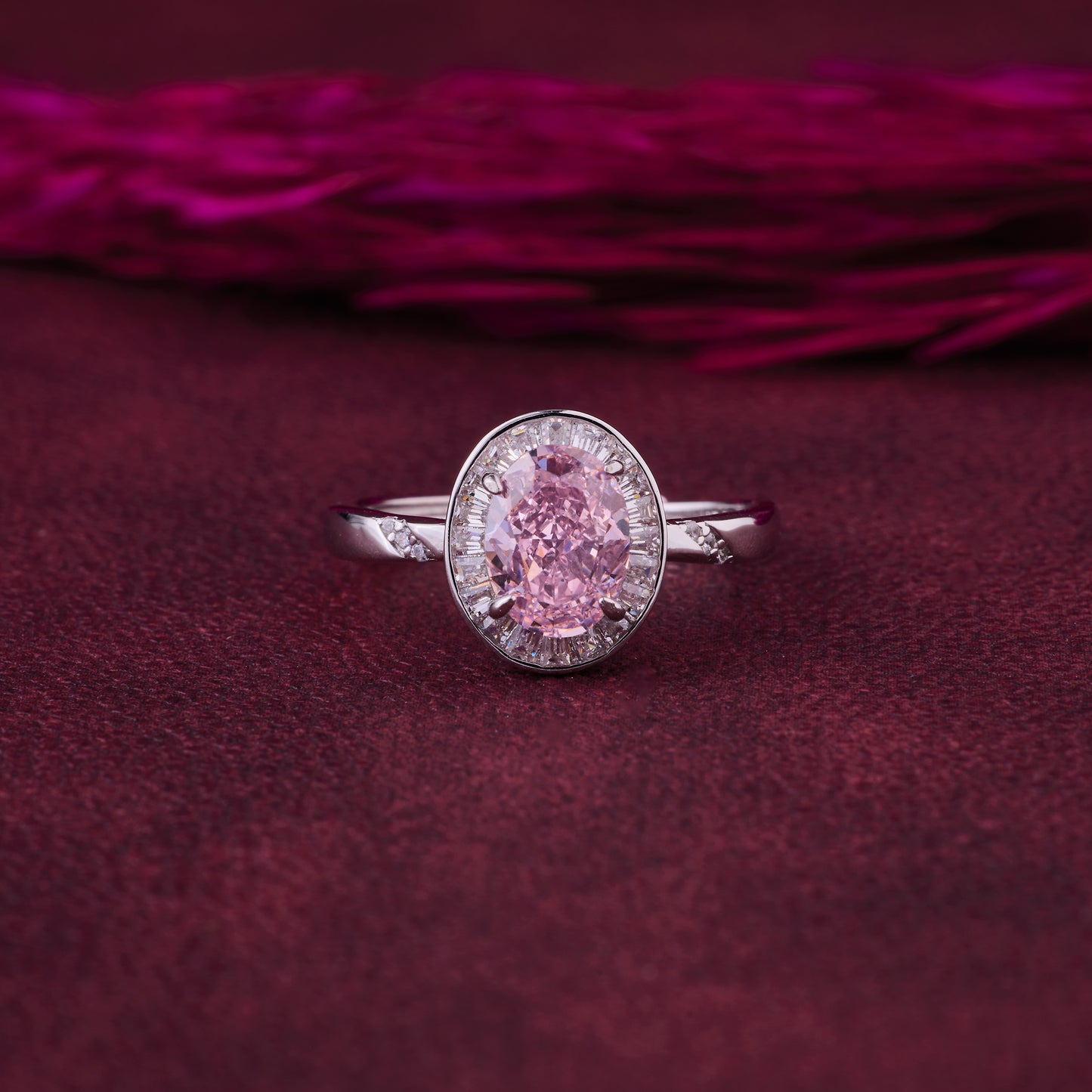 elegant oval halo solitaire ring in pure 92.5 sterling silver with baguette accent frame – adjustable size