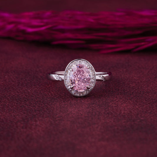 Elegant Oval Halo Solitaire Ring in Pure 92.5 Sterling Silver with Baguette Accent Frame – Adjustable Size