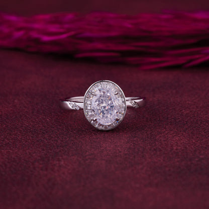 Elegant Oval Halo Solitaire Ring in Pure 92.5 Sterling Silver with Baguette Accent Frame – Adjustable Size
