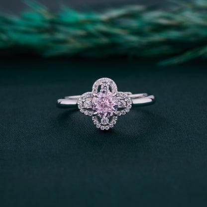 Elegant Clover Halo Solitaire Ring in Pure 92.5 Sterling Silver – Adjustable Size