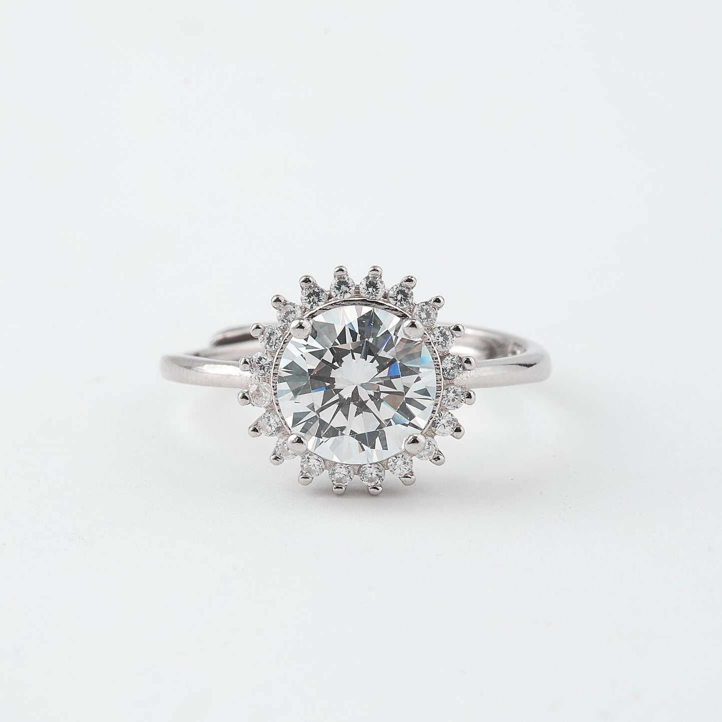 classic halo round solitaire ring in pure 92.5 sterling silver – adjustable size