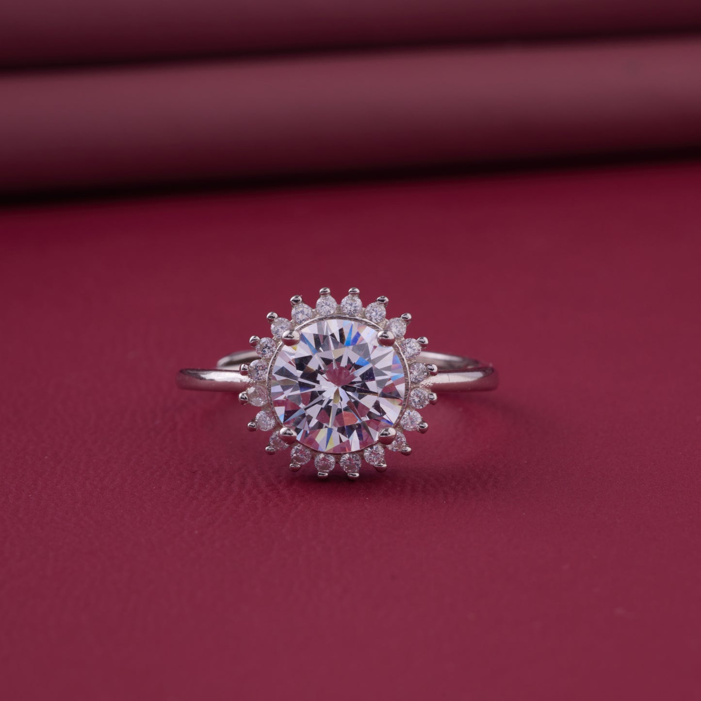 classic halo round solitaire ring in pure 92.5 sterling silver – adjustable size