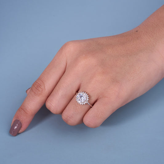 Classic Halo Round Solitaire Ring in Pure 92.5 Sterling Silver – Adjustable Size