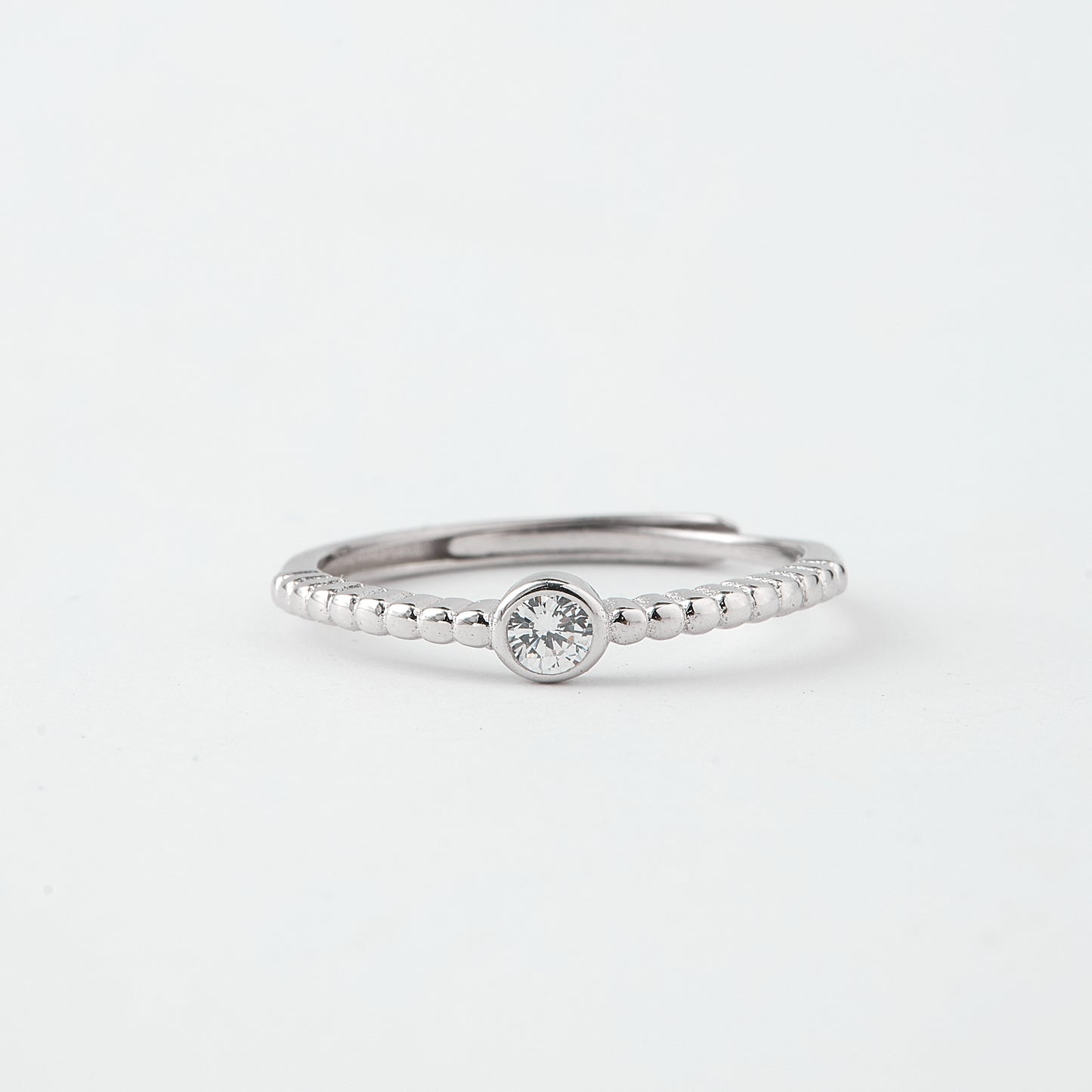 minimalist beaded band solitaire ring in pure 92.5 sterling silver – adjustable size