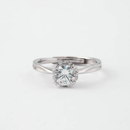 Elegant Halo Solitaire Ring in Pure 92.5 Sterling Silver – Adjustable Size