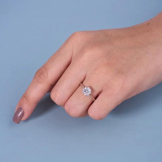 Elegant Halo Solitaire Ring in Pure 92.5 Sterling Silver – Adjustable Size