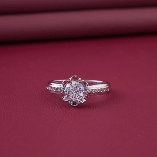 Vintage Floral Halo Solitaire Ring in Pure 92.5 Sterling Silver – Adjustable Size