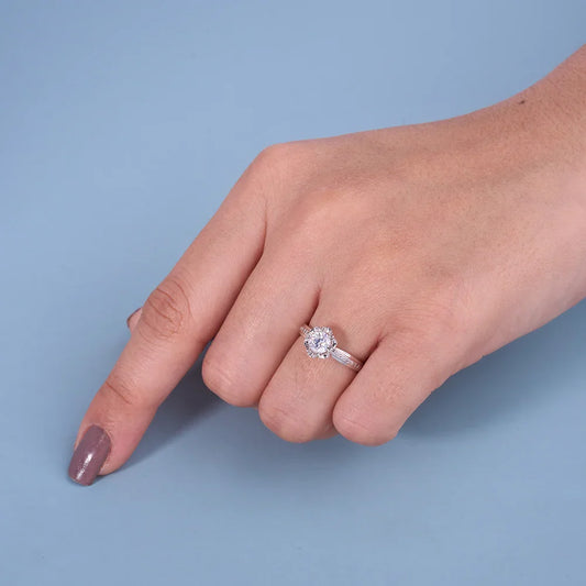 Vintage Floral Halo Solitaire Ring in Pure 92.5 Sterling Silver – Adjustable Size