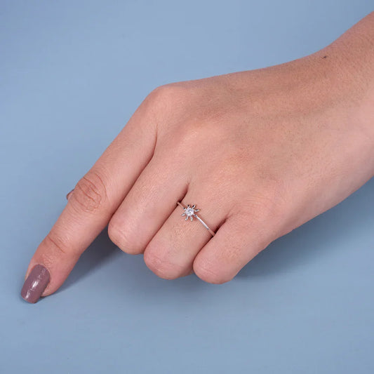 Delicate Sunburst Solitaire Ring in Pure 92.5 Sterling Silver – Adjustable Size
