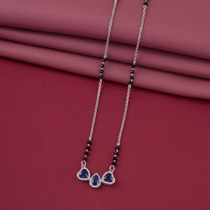 Elegant Silver-Tone Mangalsutra with Black Beads and Triple Teardrop Stone Pendant