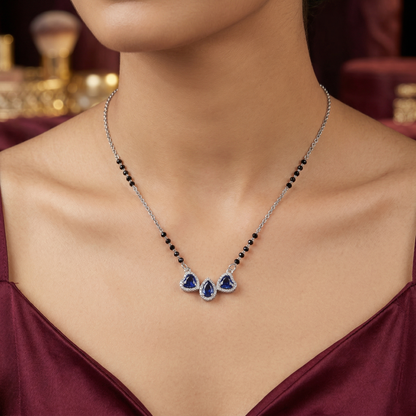 Elegant Silver-Tone Mangalsutra with Black Beads and Triple Teardrop Stone Pendant