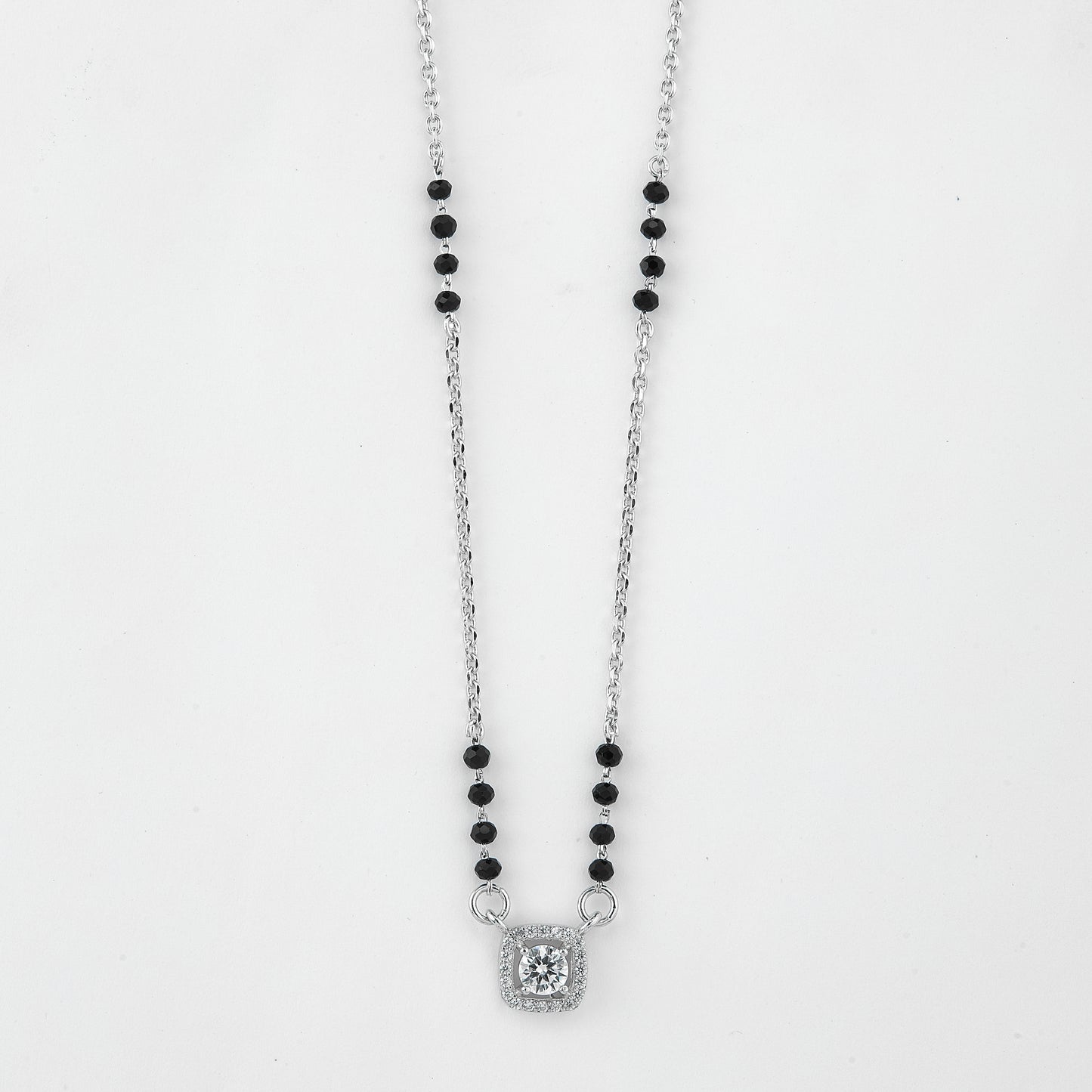 elegant black beaded mangalsutra with square halo solitaire pendant