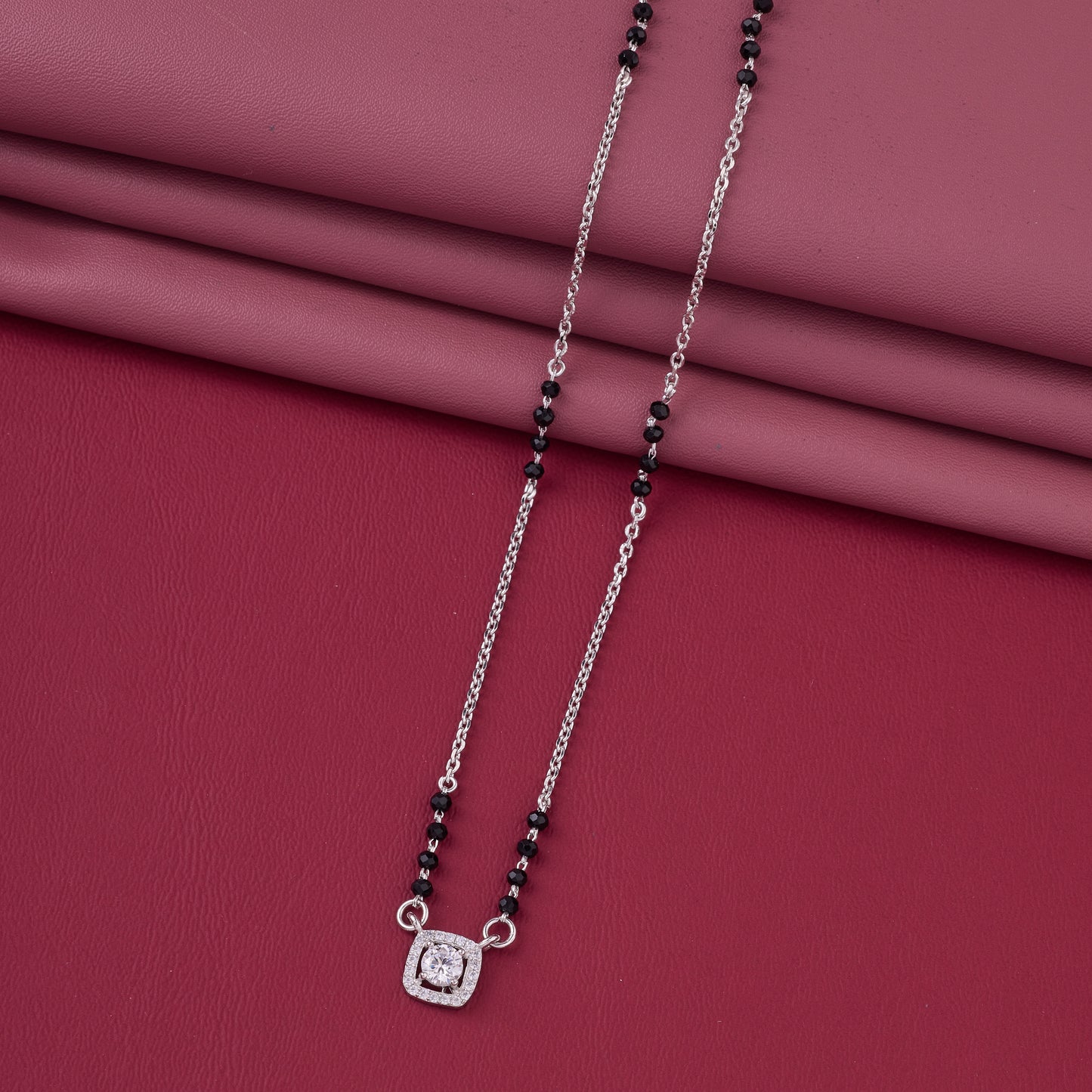 elegant black beaded mangalsutra with square halo solitaire pendant