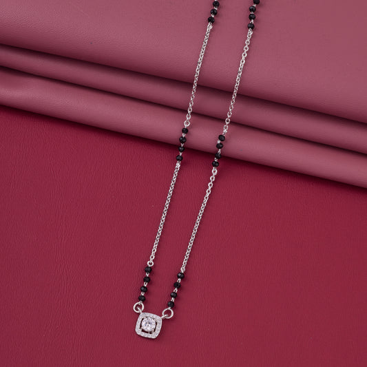Elegant Black Beaded Mangalsutra with Square Halo Solitaire Pendant
