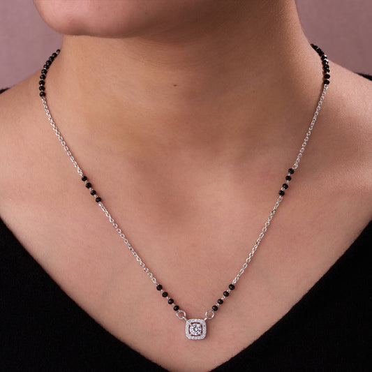 Elegant Black Beaded Mangalsutra with Square Halo Solitaire Pendant